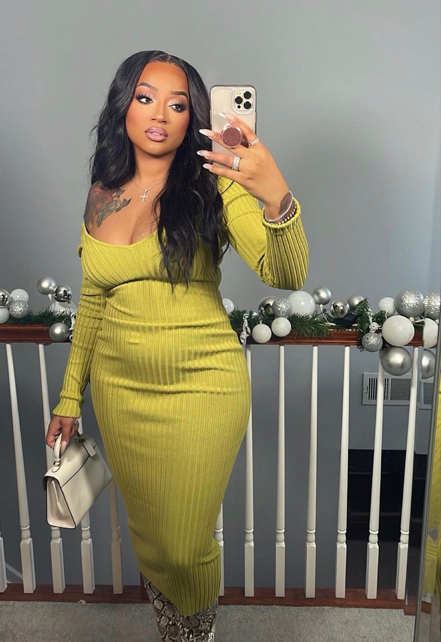 Off the Shoulder Sweater dress| Pistachio