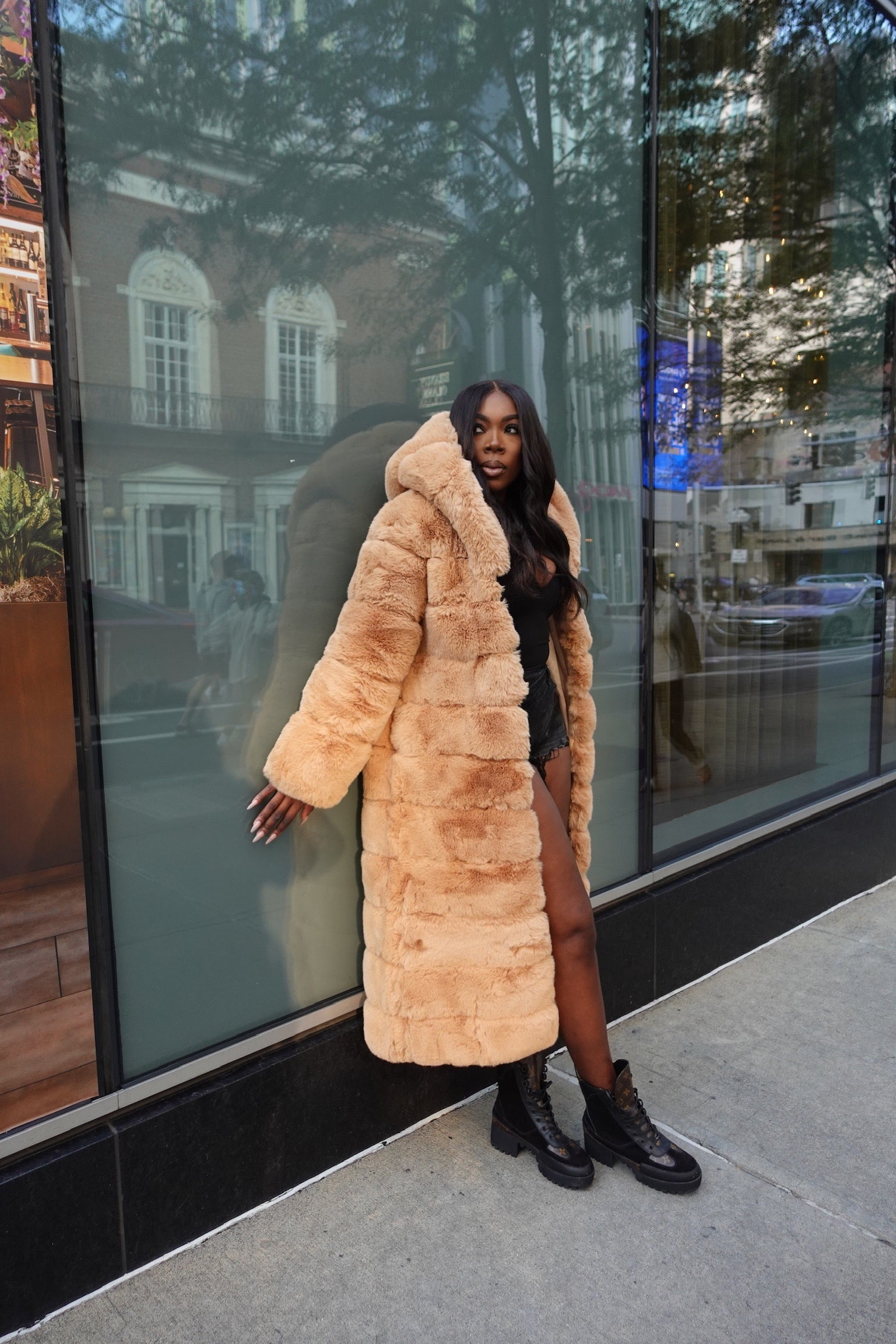 Long tan faux top fur coat